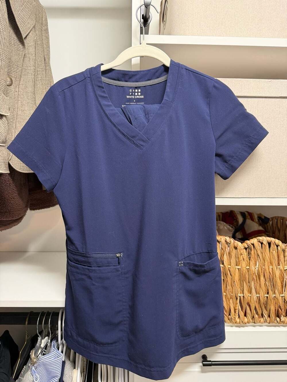 White Cross CRFT Women's V-Neck Scrub Top with Zipper Pocket and Wide Leg Bottom